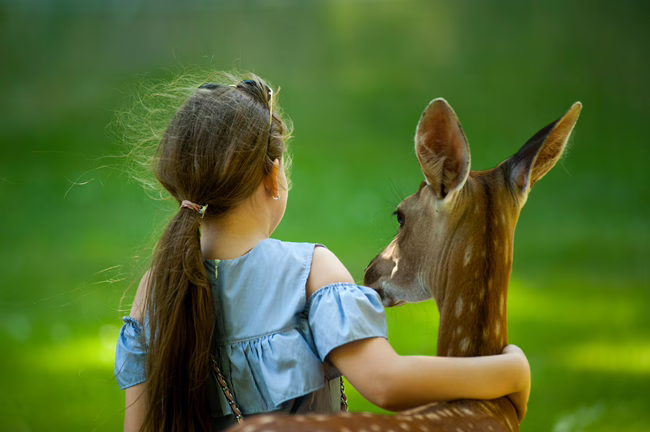 MWD - A White Young Girl Taking Care of A Young Deer